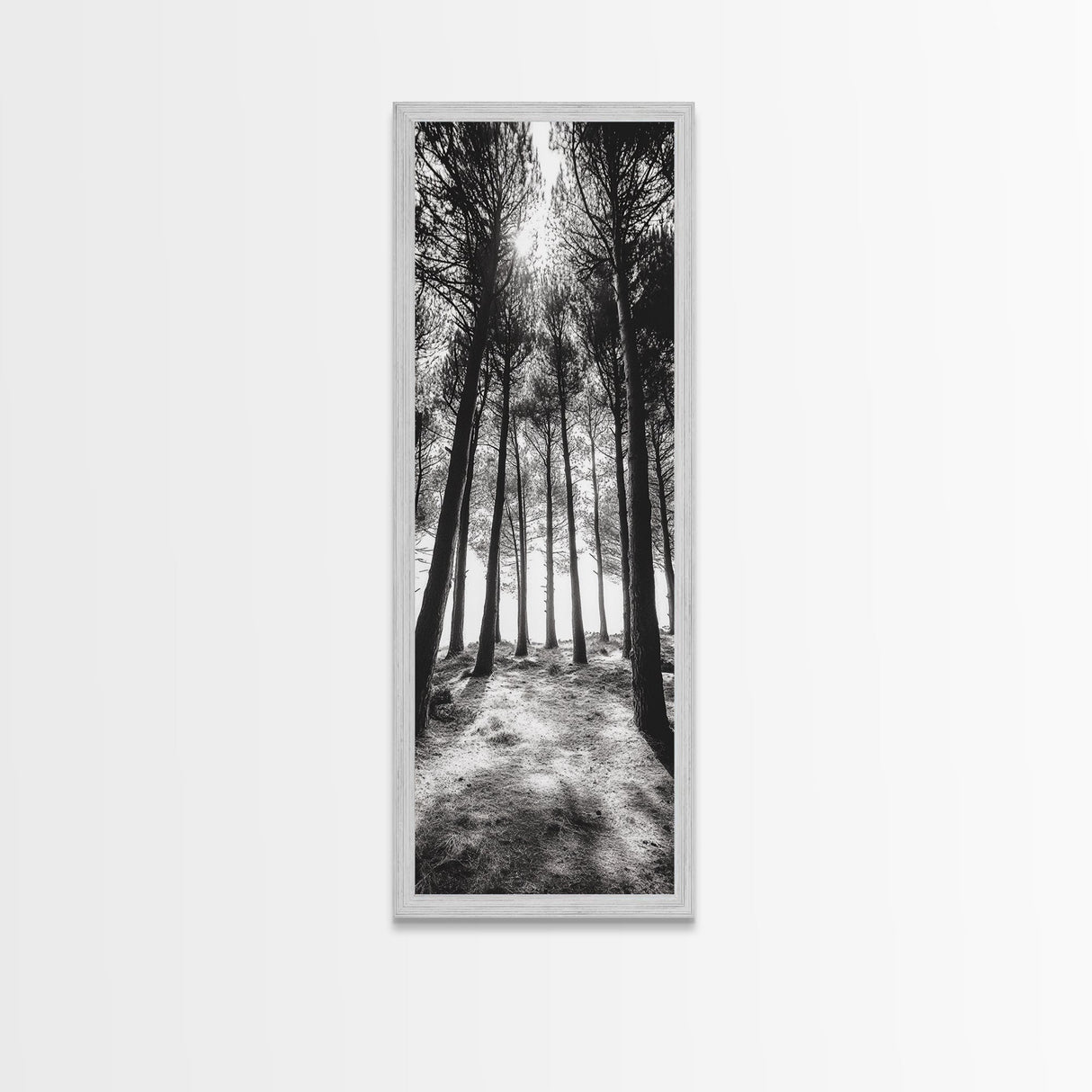 Pine Forest Glow, Woodland Landscape, Monochrome Nature, Boho Style, Framed Canvas Print, Entryway Print, Living Room Wall Art, Game Room Art