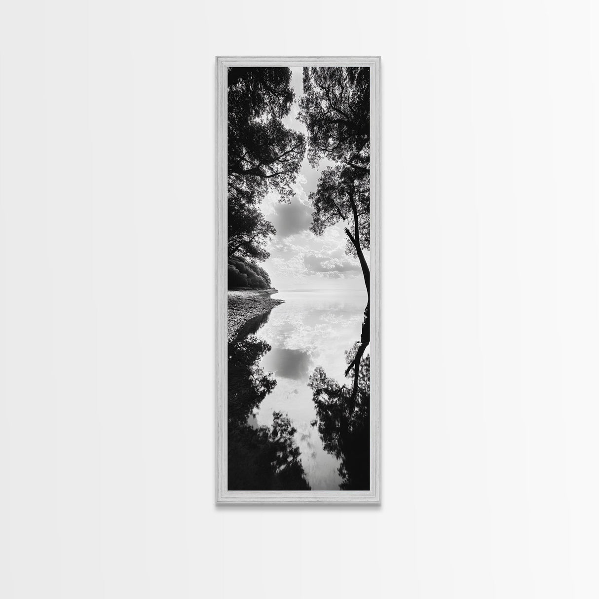 Misty Lake, Nature Reflection, Tranquil Waters, Monochrome Trees, Framed Canvas Print, Minimalist Wall Art, Bathroom or Hallway Decor