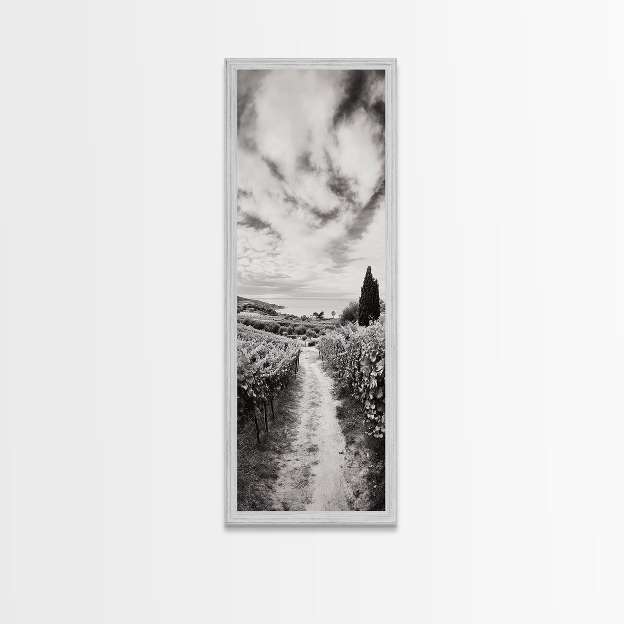 Vineyard Pathway, Scenic Hills, Countryside View, Rustic Charm, Framed Canvas Print, Farmhouse Kitchen Wall Art, Autumn Decor
