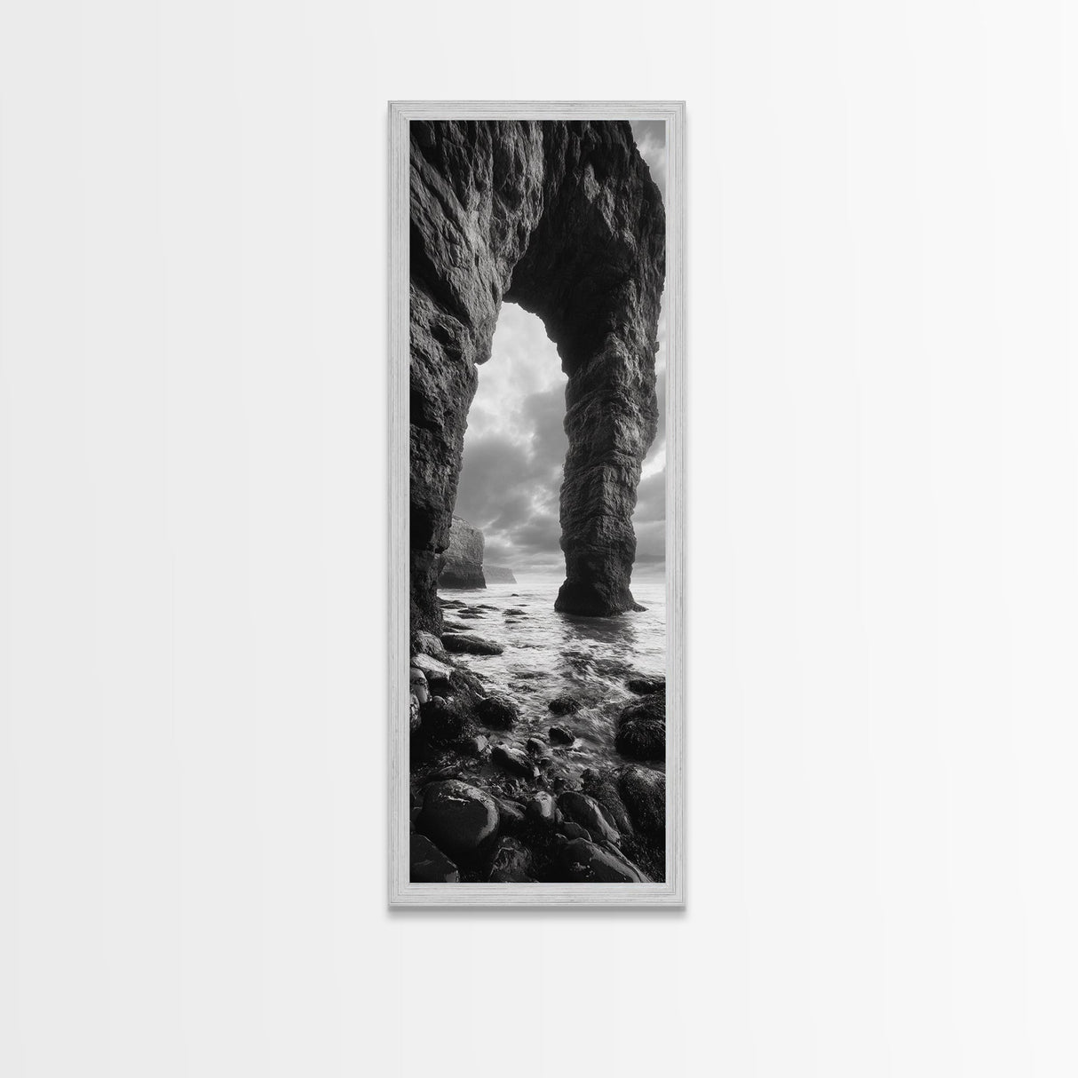 Sea Arch, Coastal Rocks, Ocean Waves, Dramatic Sky, Framed Canvas Print, Coastal Wall Art, Minimalist Beach House Decor, Bedroom Artwork