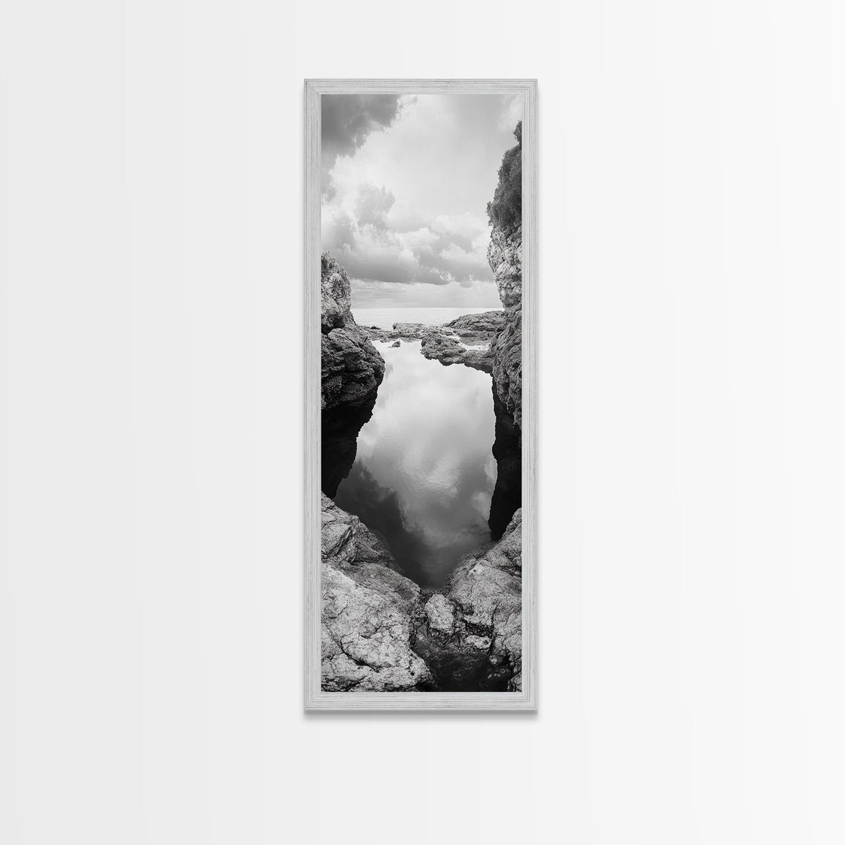 Tide Pool, Coastal Reflection, Tranquil Cove, Cloudy Sky, Framed Canvas Print Zen Bathroom Art, Minimalist Nature Wall Decor, Neutral Modern Style
