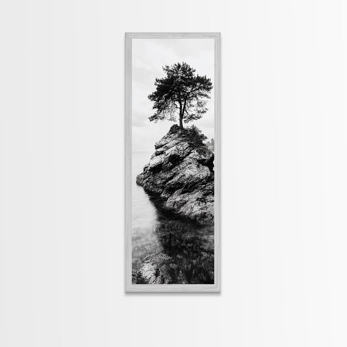 Lone Tree, Rock Island, Tranquil Coast, Nature Strength, Framed Canvas Print Cabin Wall Art, Minimalist Tree Print, Nordic Nature Living Room Decor