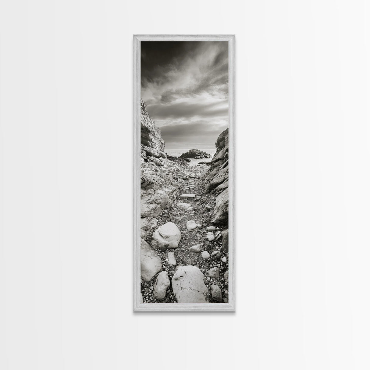Rocky Coast Path, Serene Ocean View, Minimalist Nature, Framed Canvas Print, Neutral Tones, Beach Art, Hallway Wall Decor, Coastal Home Vibe