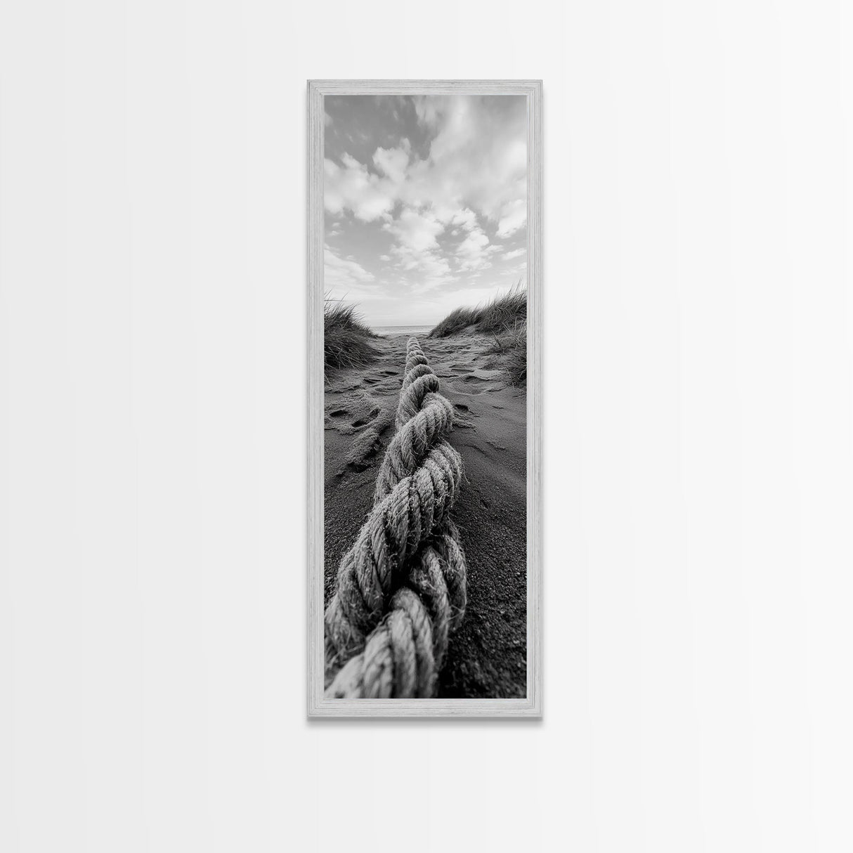 Rope in Sand, Beach Path Perspective, Coastal Journey, Framed Canvas Print, Bathroom Wall Art, Seaside Style, Minimalist Nautical Scene