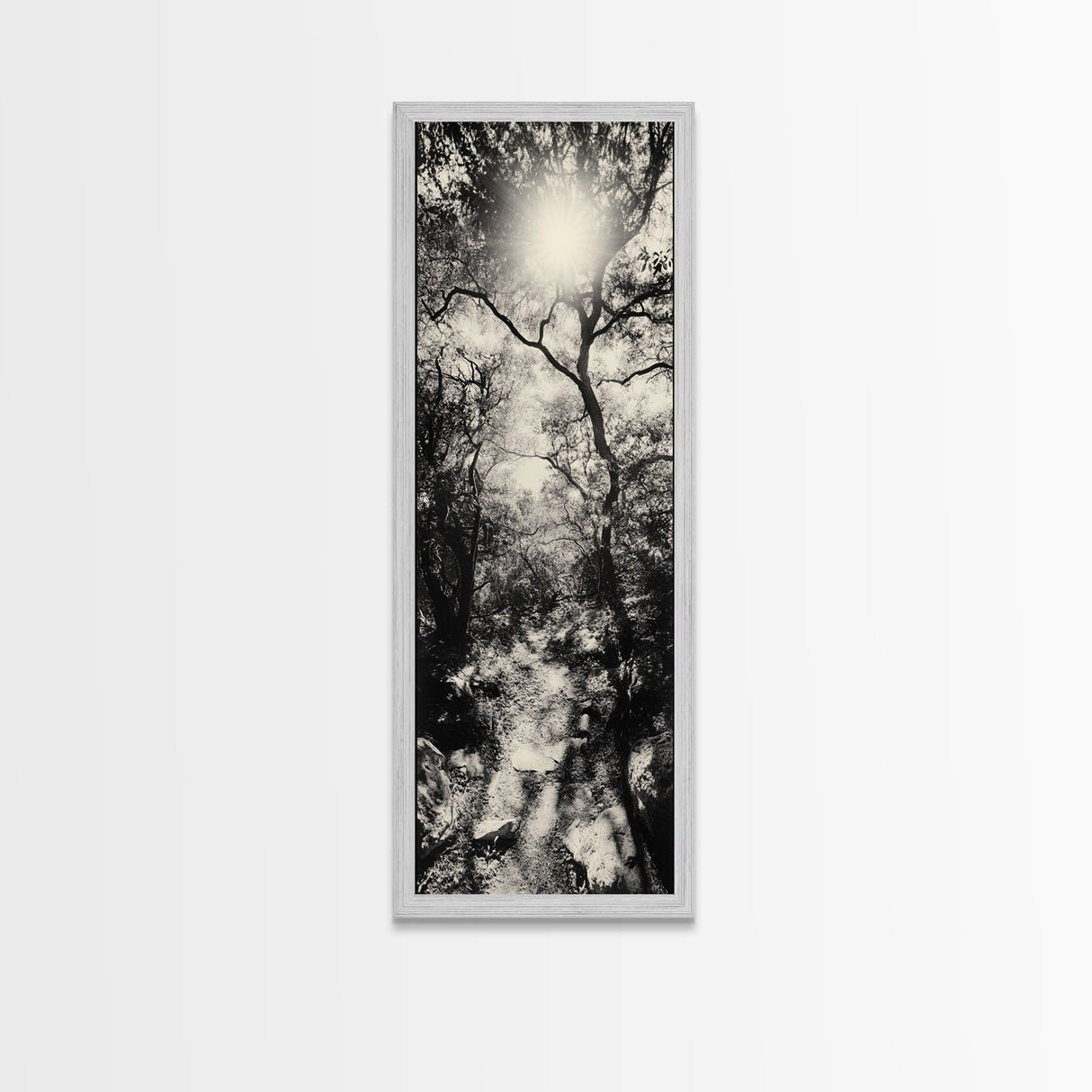 Forest Path, Sunburst Trees, Woodland Trail, Nature Light Framed Canvas Print, Boho Entryway Wall Art, Autumn Rustic Home Decor