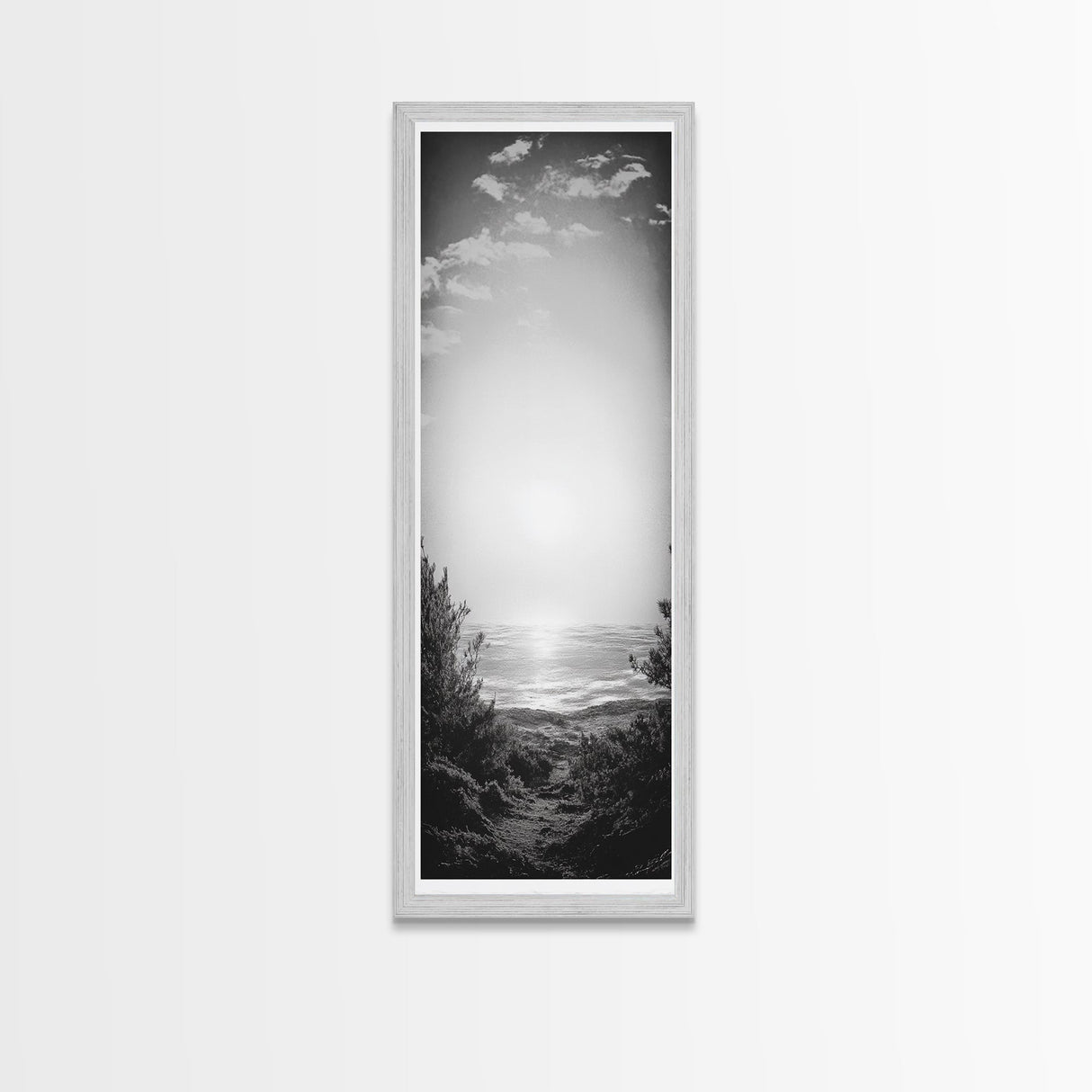 Horizon Glow, Ocean Sunset, Seaside Path, Tranquil Evening Framed Canvas Print, Nature Inspired Bedroom Wall Art, Zen Minimalist Decor