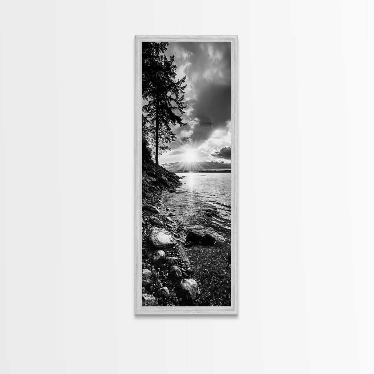 Tree Shoreline, Tranquil Water, Sunset Reflection, Peaceful Horizon, Framed Canvas Print, Nature Photography, Cabin Wall Art