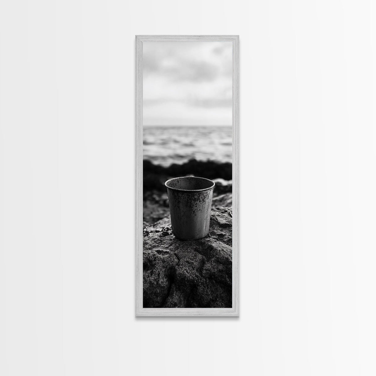 Metal Cup, Shoreline Still Life, Rustic Seaside, Canvas Print, Vintage Aesthetic, Coastal Kitchen Wall Art, Minimal Beach Mood