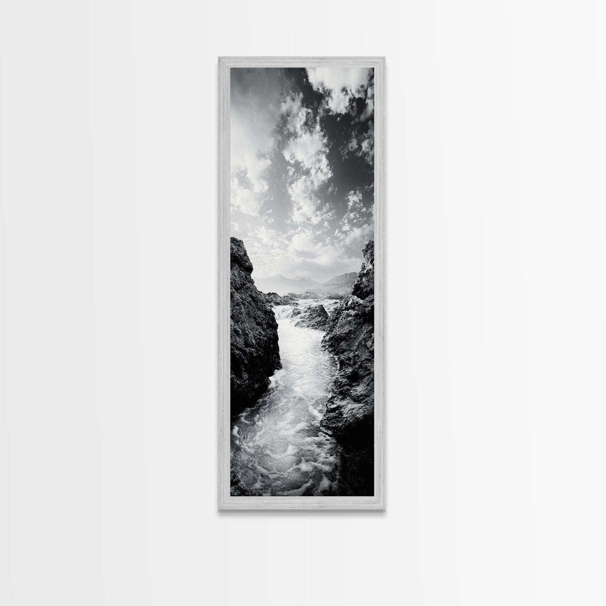 Waterfall Rocks, Mountain Mist, River Flow, Canvas Print, Black And White Landscape Art, Nature Bedroom Decor, Zen Retreat Wall Piece