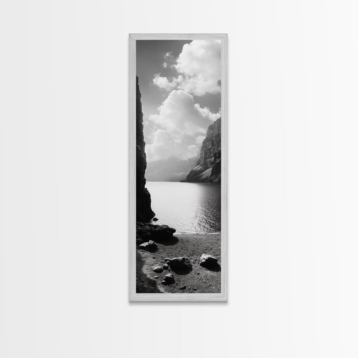 Fjord Mountain Lake, Scenic Nordic Landscape, Tranquil Nature Print, Minimalist Wall Art, Bedroom Decor, Framed Canvas Print