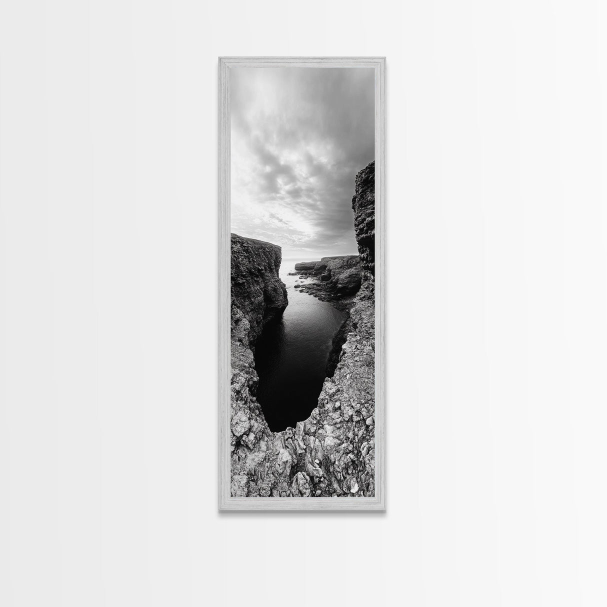 Seaside Cliffscape, Ocean Horizon, Monochrome Nature Scene, Framed Canvas Print, Coastal Living Room Art, Modern Rustic Wall Decor