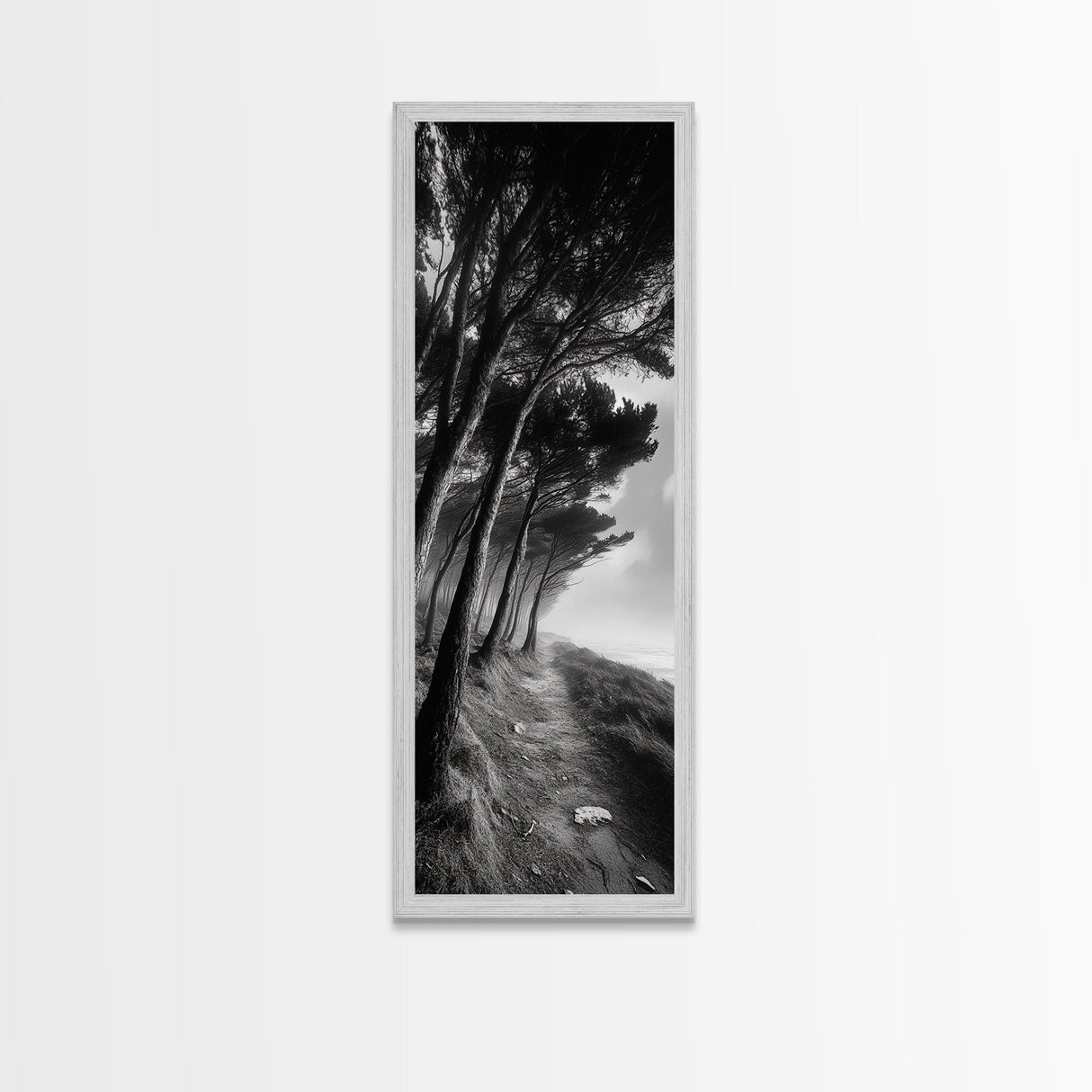 Windy Forest Trail, Dark Coastal Trees, Atmospheric Nature, Framed Canvas Print, Fall Living Room Wall Art, Moody Landscape Aesthetic