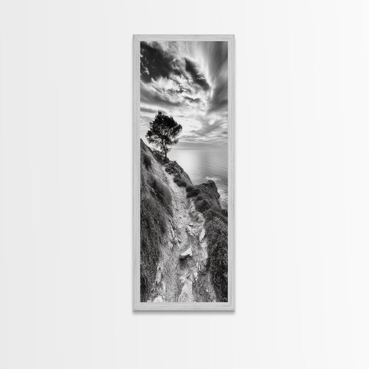 Cliffside Tree, Coastal Path, Nature Landscape, Canvas Print, Monochrome Hiking Trail Art, Boho Entryway or Office Wall Decor