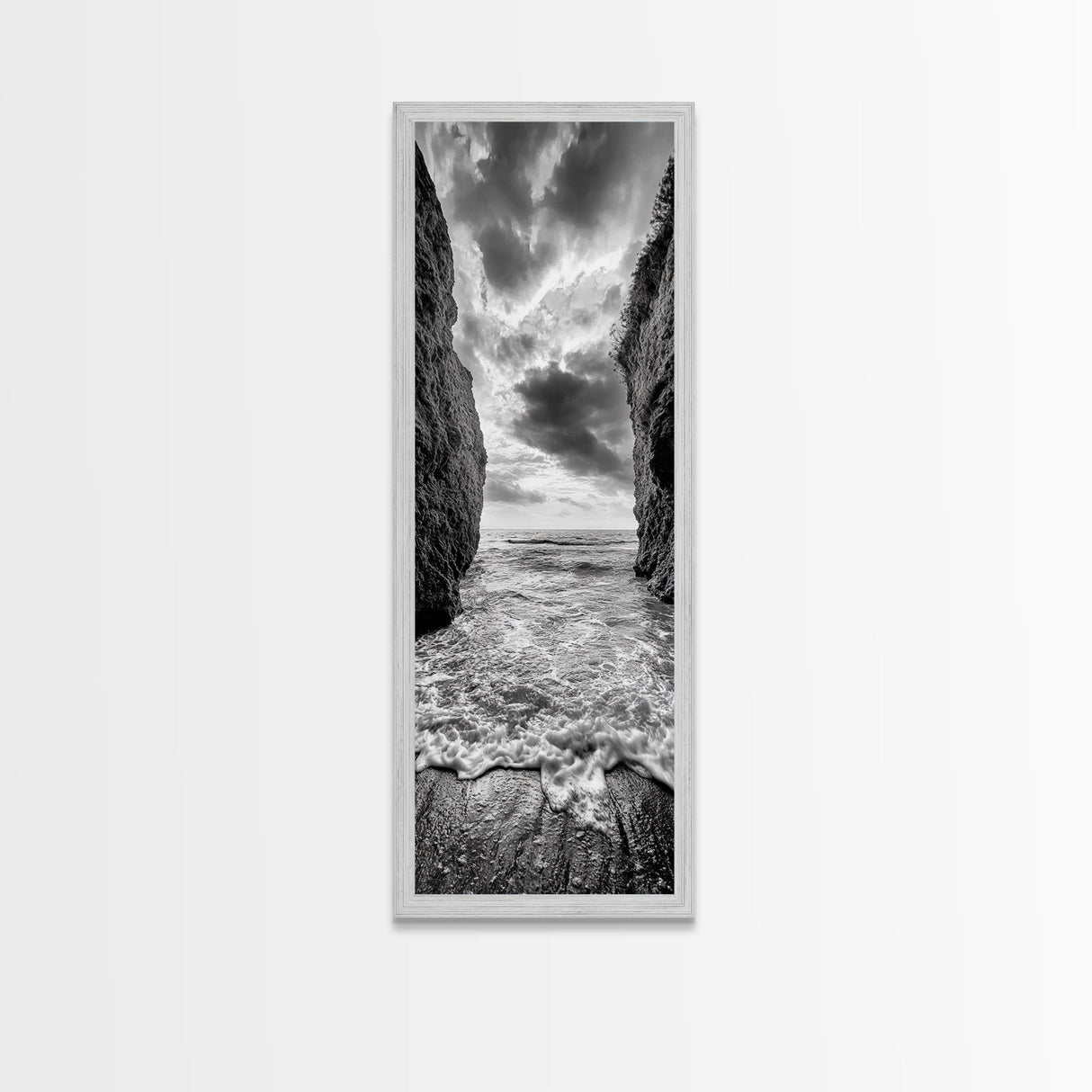 Ocean Gap, Cliffside Horizon, Black White Waves, Framed Canvas Print, Modern Coastal Wall Art, Nautical Living Room Decor, Nature Decor