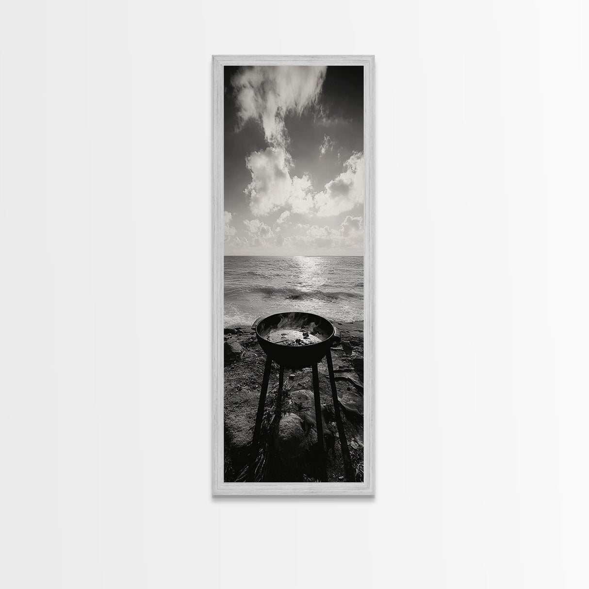 Smoky Grill, Seaside BBQ, Coastal Cooking, Framed Canvas Print, Rustic Outdoor Kitchen Art, Summer Vibes Wall Decor, Moody Beach Scene
