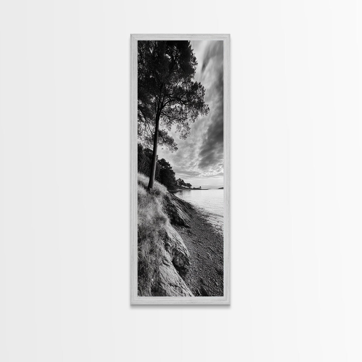 Coastal Tree, Ocean Horizon, Windswept Shore, Nature Calm, Moody Sky, Framed Canvas Print, Office Wall Art, Coastal Rustic Aesthetic