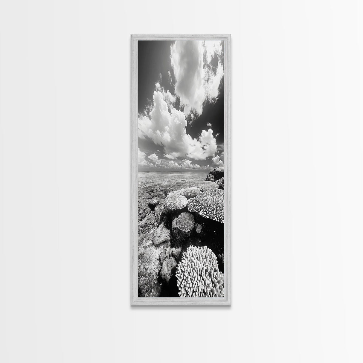 Coral Reef, Ocean Horizon, Puffy Clouds, Framed Canvas Print, Coastal Bathroom Art, Nautical Decor, Black and White Beach Style