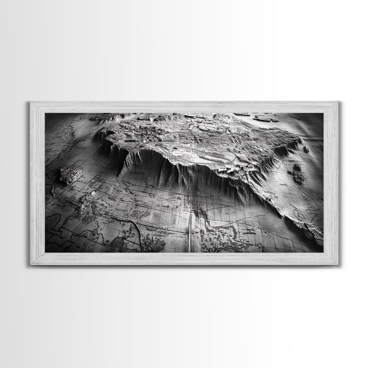 Topographic Map Detail, Antique Terrain, Black and White Landscape, Canvas Print, Office Wall Art, Historical Geography Decor