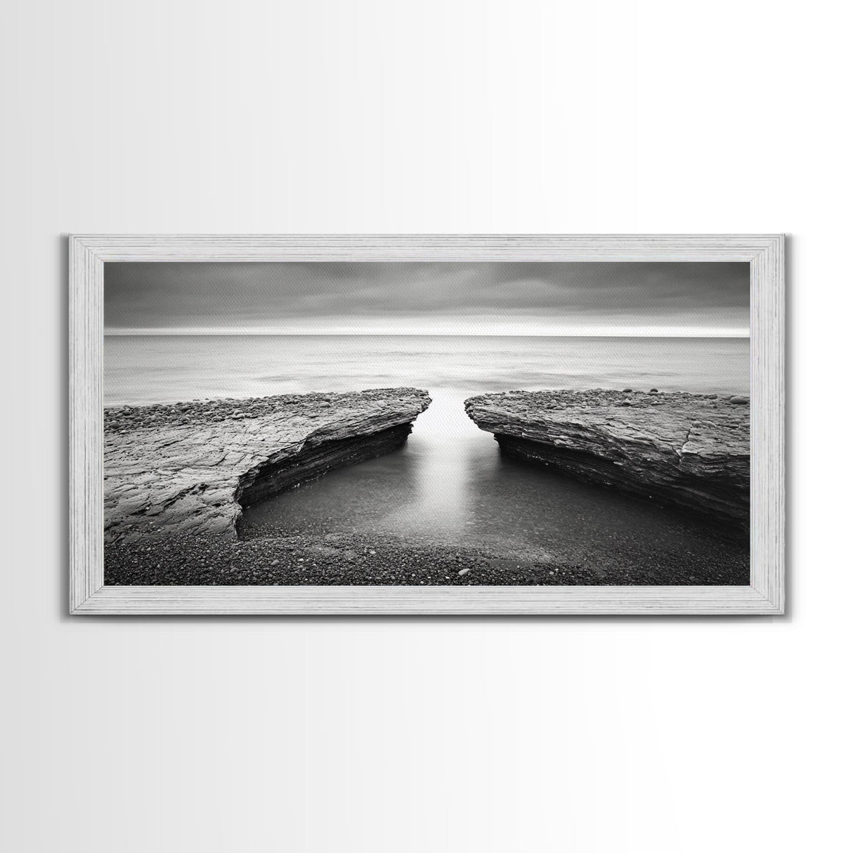 Ocean Rock Split, Calm Seascape Horizon, Monochrome Photography, Canvas Print, Bathroom Wall Art, Zen Coastal Aesthetic, Office Wall Art