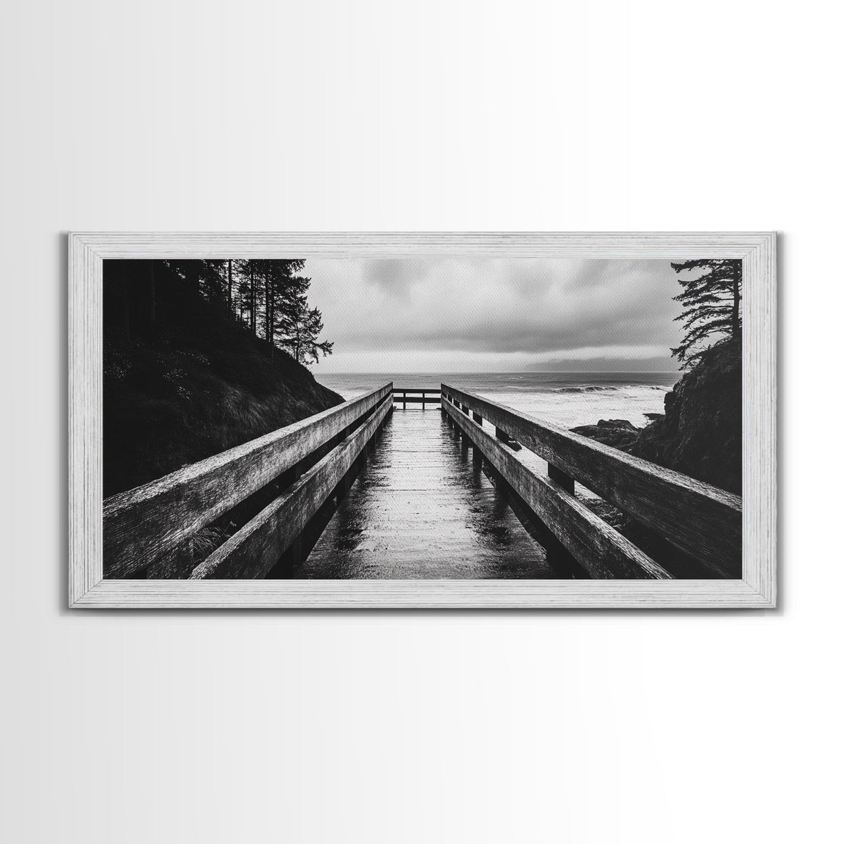Rainy Dock View, Ocean Storm Mood, Moody Coastal Photo, Canvas Print, Living Room Wall Art, Black and White Nautical Decor, Rustic Coastal