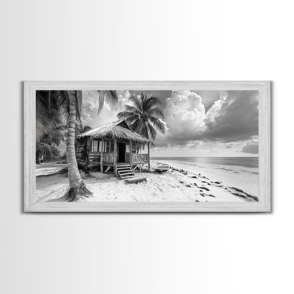 Tropical Hut, Palm Tree Scene, Island Escape Photo, Framed Canvas Print, Beach House Wall Art, Rustic Boho Coastal Decor, Nature Scene