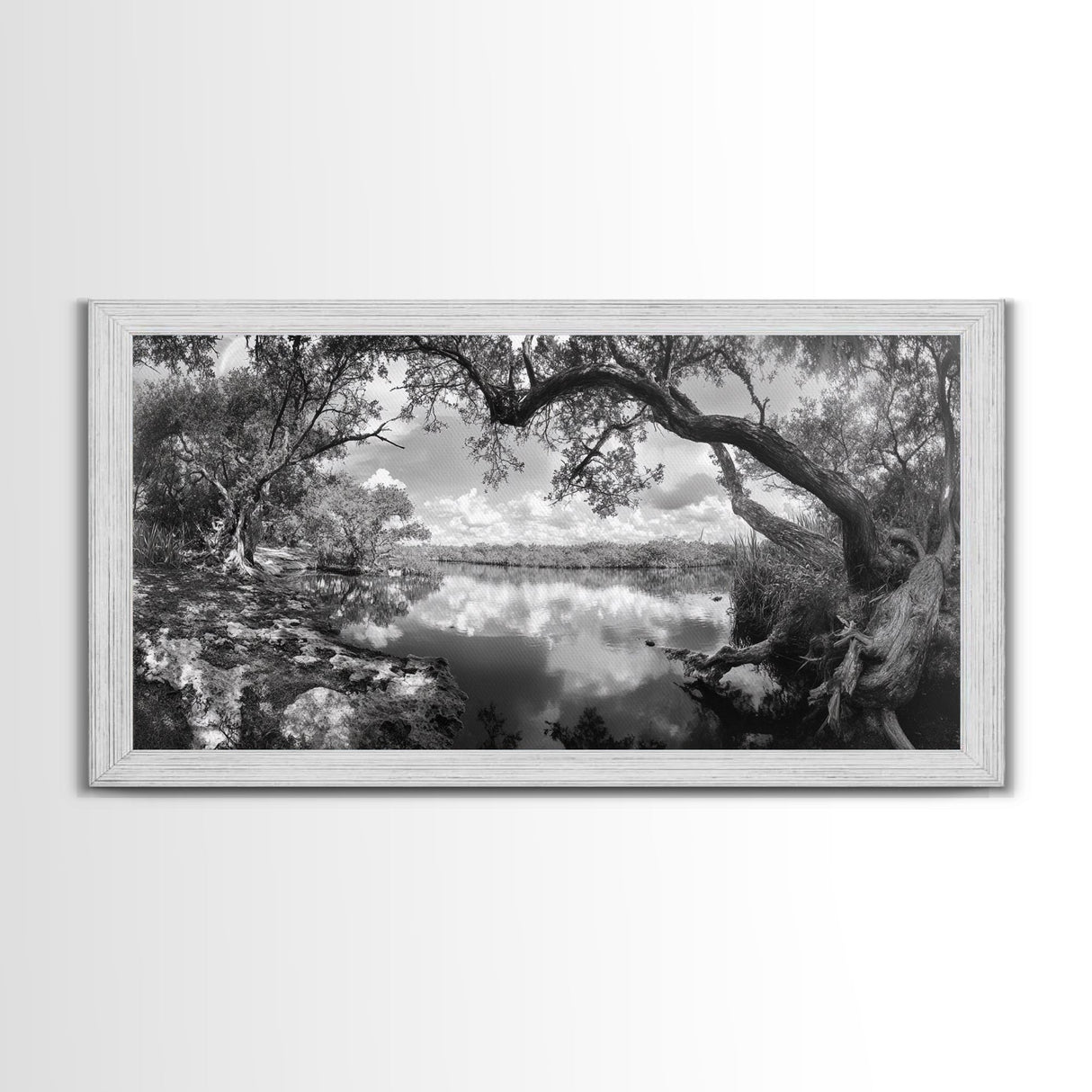 Tree Arch Reflection, Tranquil River View, Nature Canopy Water, Framed Canvas Print, Bedroom Wall Art, Zen Landscape Art, Cabin Decor