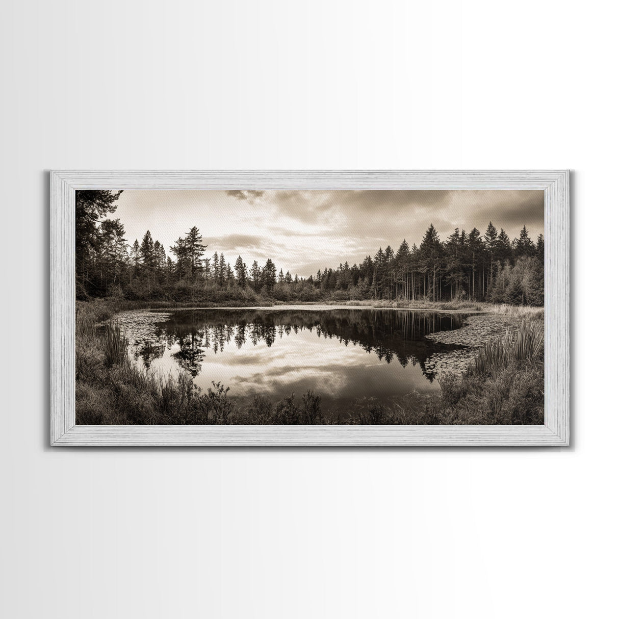 Forest Pond Reflection, Tranquil Lake Trees, Serene Nature Scene, Framed Canvas Print, Fall Wall Art, Rustic Cabin Decor, Living Room Wall Art