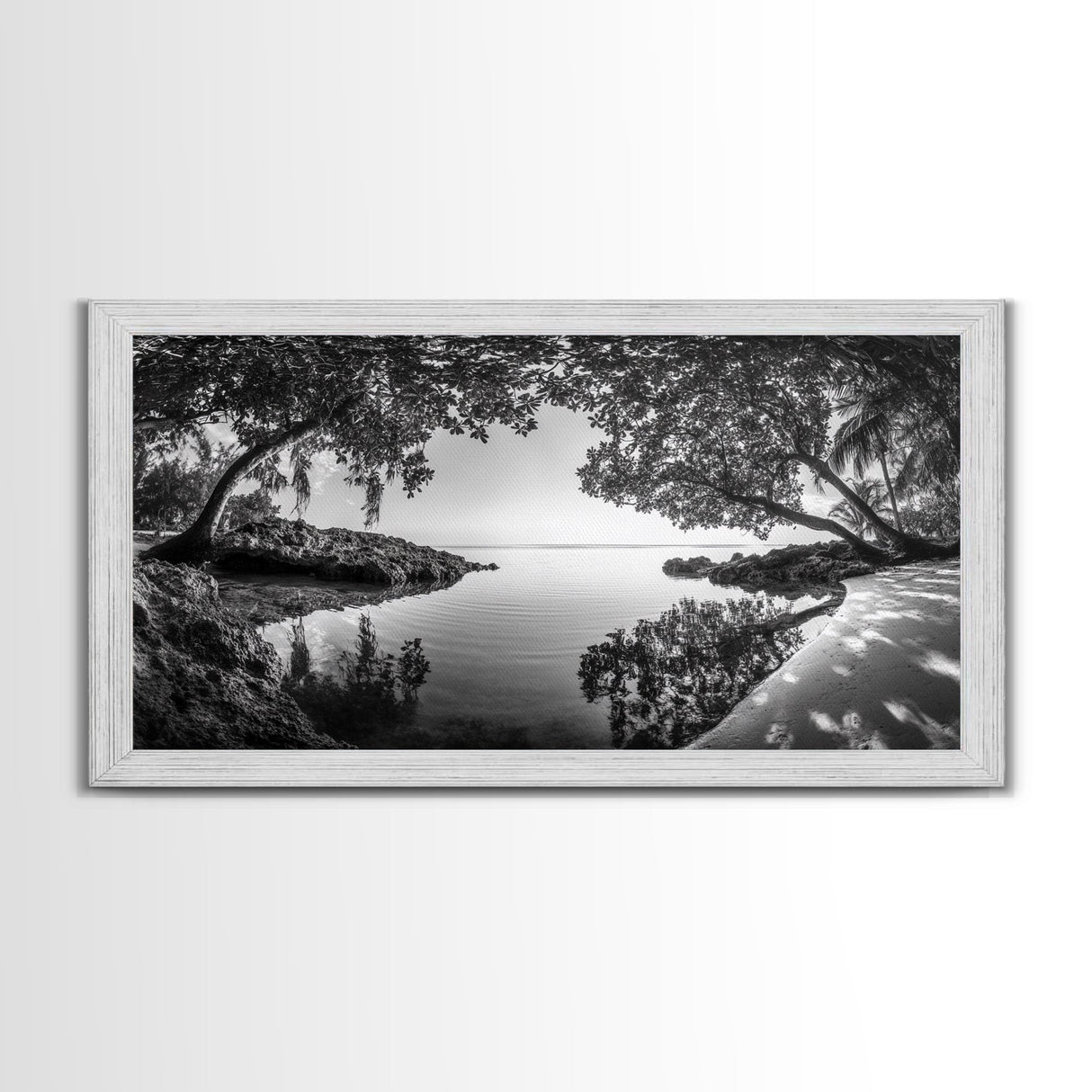 Tropical Shore Trees, Ocean Lagoon Stillness, Peaceful Island Cove, Canvas Print, Bathroom Wall Art, Minimalist Coastal Vibe, Cabin Decor