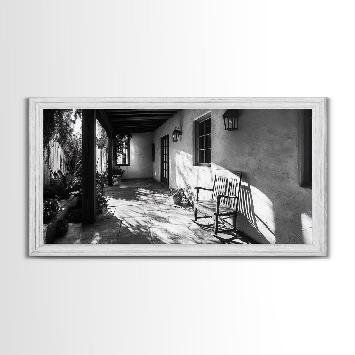 Porch Shadows Light, Rustic Patio, Black and White Decor, Farmhouse Entryway, Framed Canvas Print, Country Kitchen Wall Art, Bedroom Wall Art