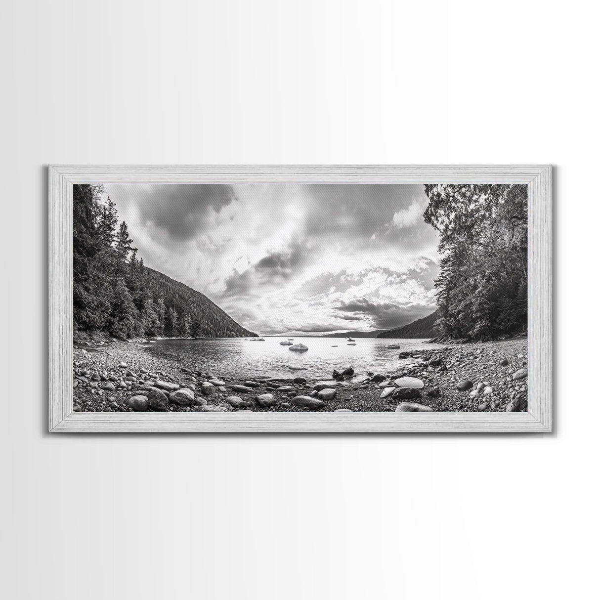 Forest Lake Serenity, Monochrome Nature, Tranquil Landscape, Canvas Print, Lodge Wall Art, Minimalist Cabin Decor, Black White