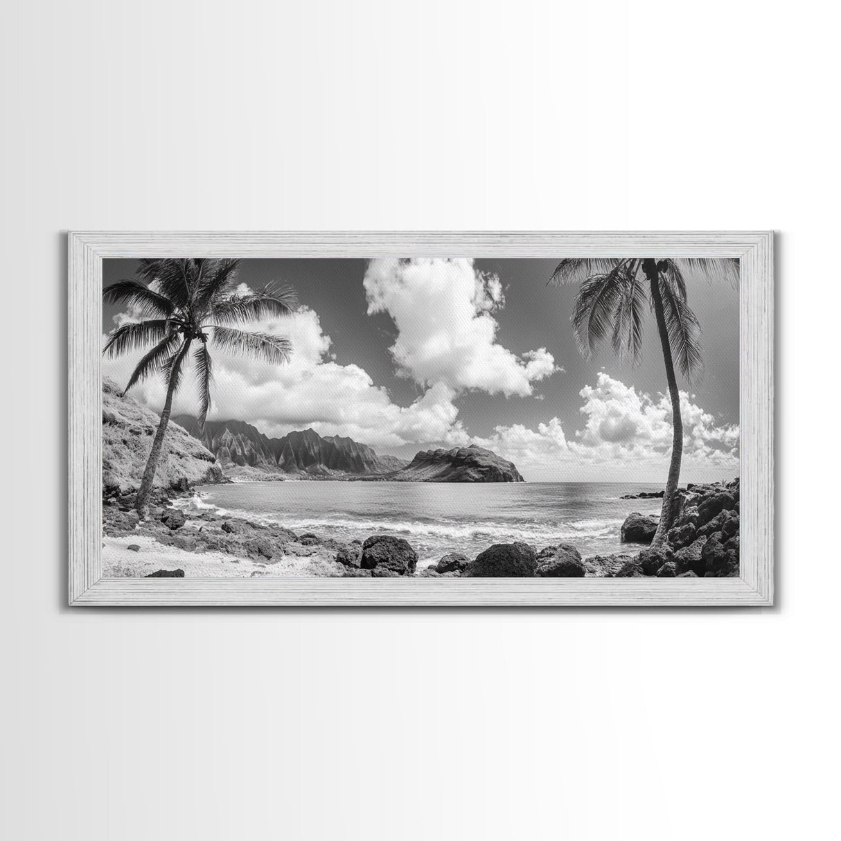 Tropical Beach View, Palm Tree Paradise, Black and White Island, Coastal Wall Decor, Canvas Print, Boho Living Room Art, Office Wall Art