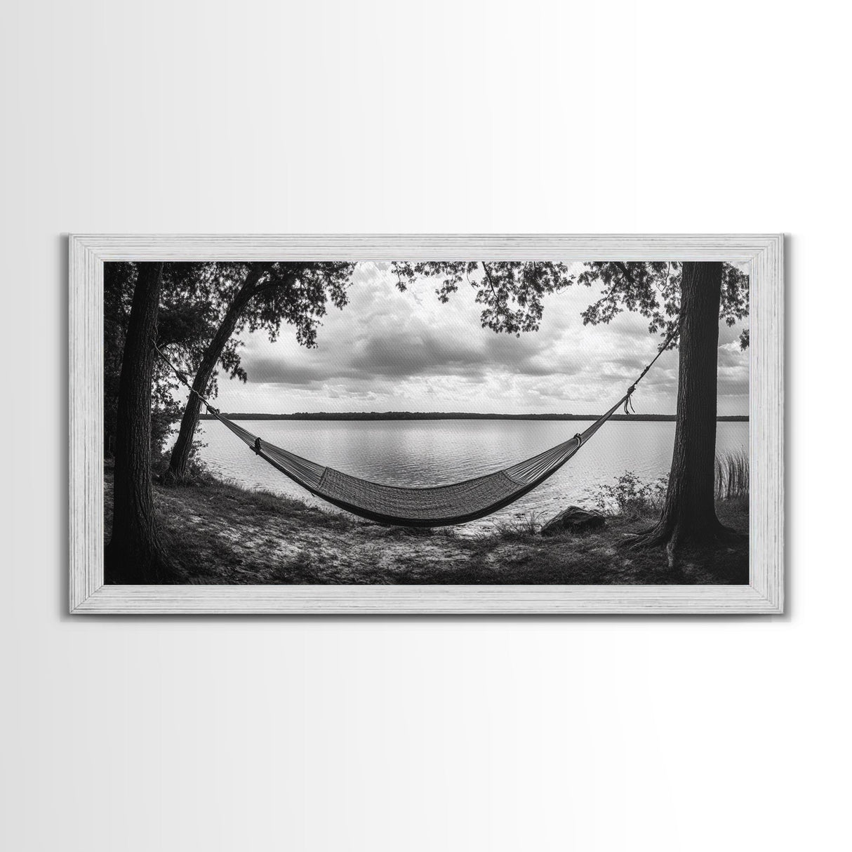 Hammock Lake, Restful Retreat, Trees Framing, Relax Mood, Framed Canvas Print, Bedroom Wall Art, Slow Living Style, Boho Natural Art