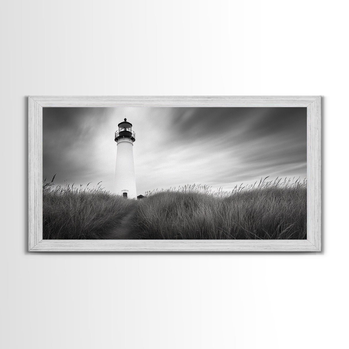 Lighthouse Grass, Seaside Tower, Stormy Sky, Black White, Framed Canvas Print, Beach Bathroom Art, Minimalist Decor, Nautical Print