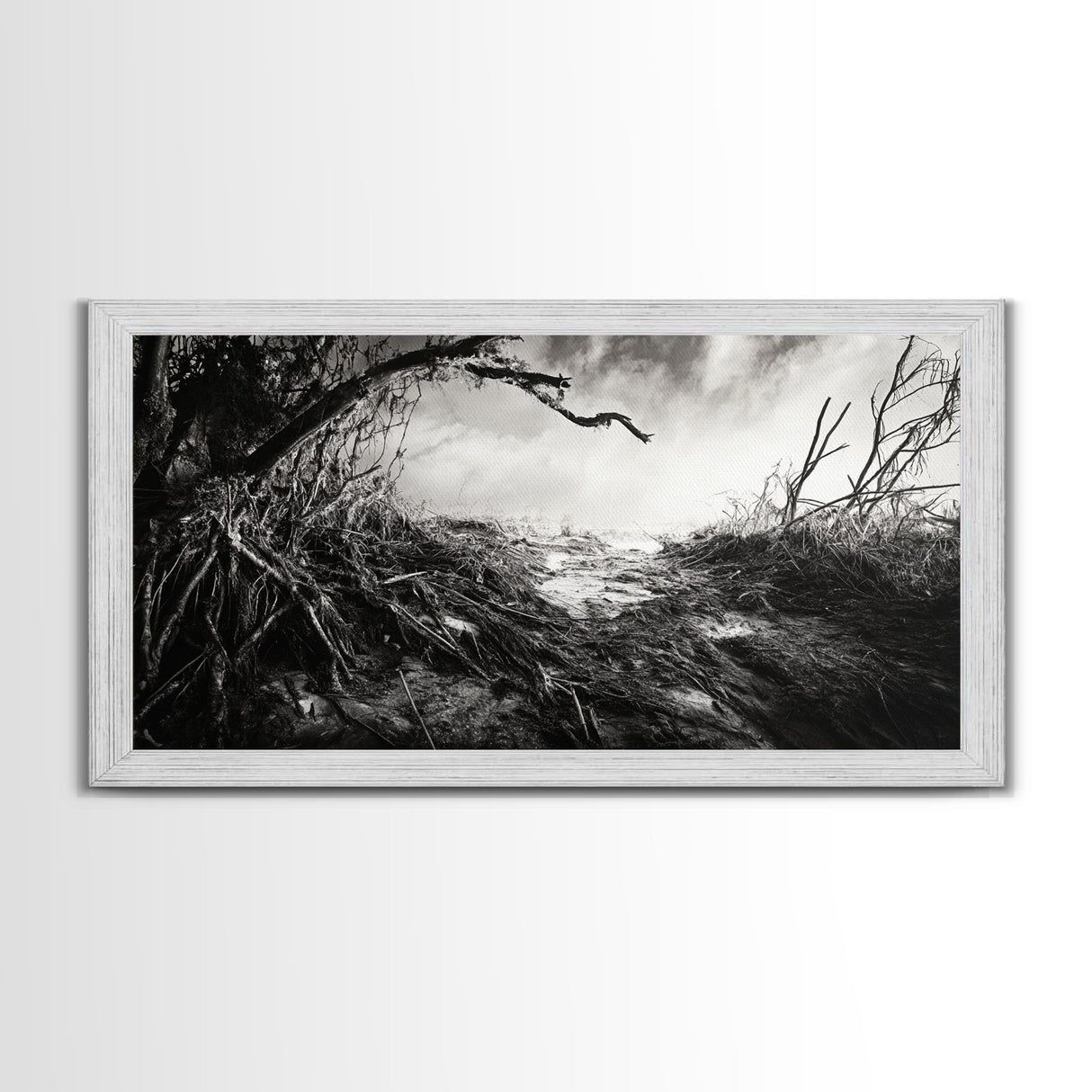 Stormy Shore, Erosion Roots, Driftwood Beach, Nature Drama, Framed Canvas Print, Moody Wall Art, Fall Living Room Decor, Dark Rustic Style