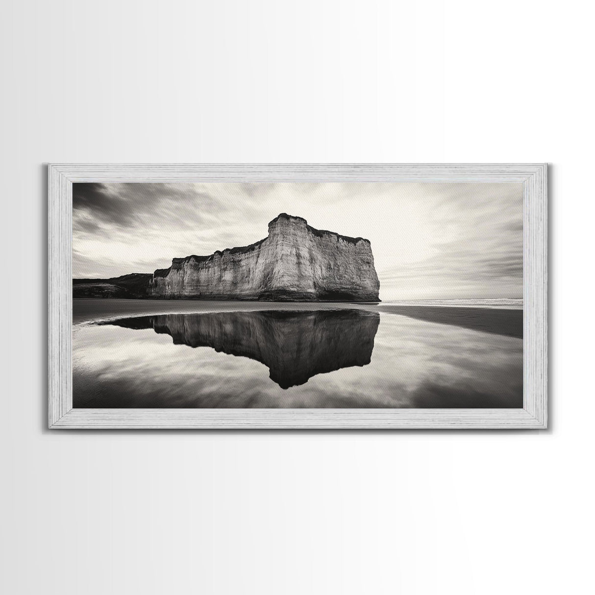 Cliff Reflection, Coastal Monolith, Seashore Beauty, Sunset Vibes, Framed Canvas Print, Living Room Art, Minimalist Beach Scene