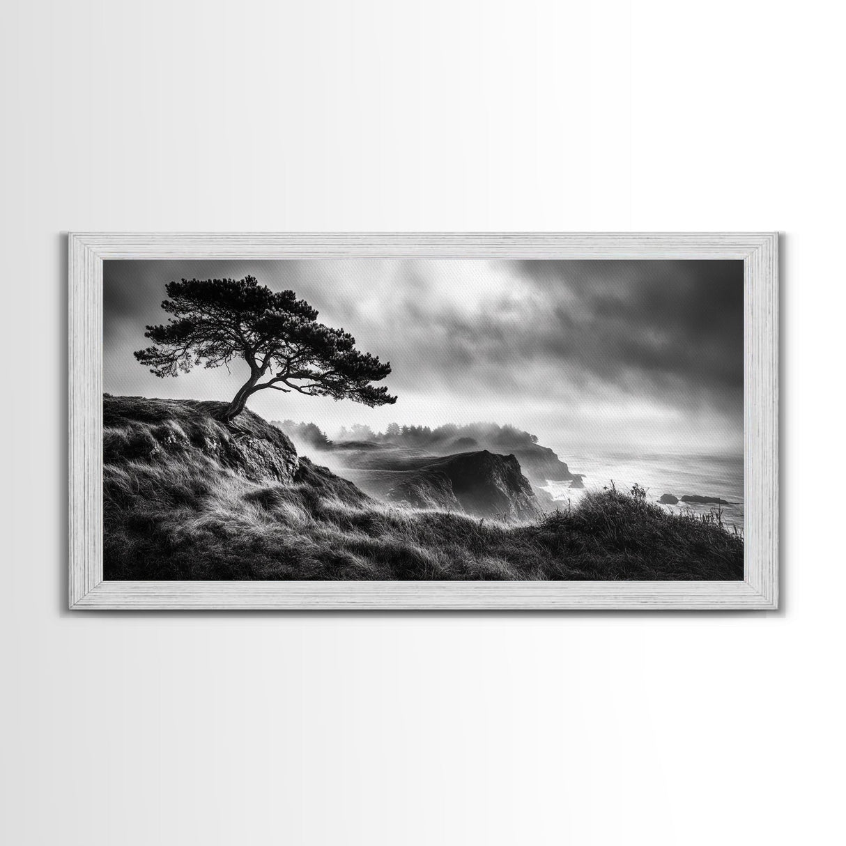 Lone Tree, Foggy Cliffs, Dramatic Landscape, Moody Sky, Framed Canvas Print, Nature Wall Art, Cabin Decor, Autumn Coastal Vibes