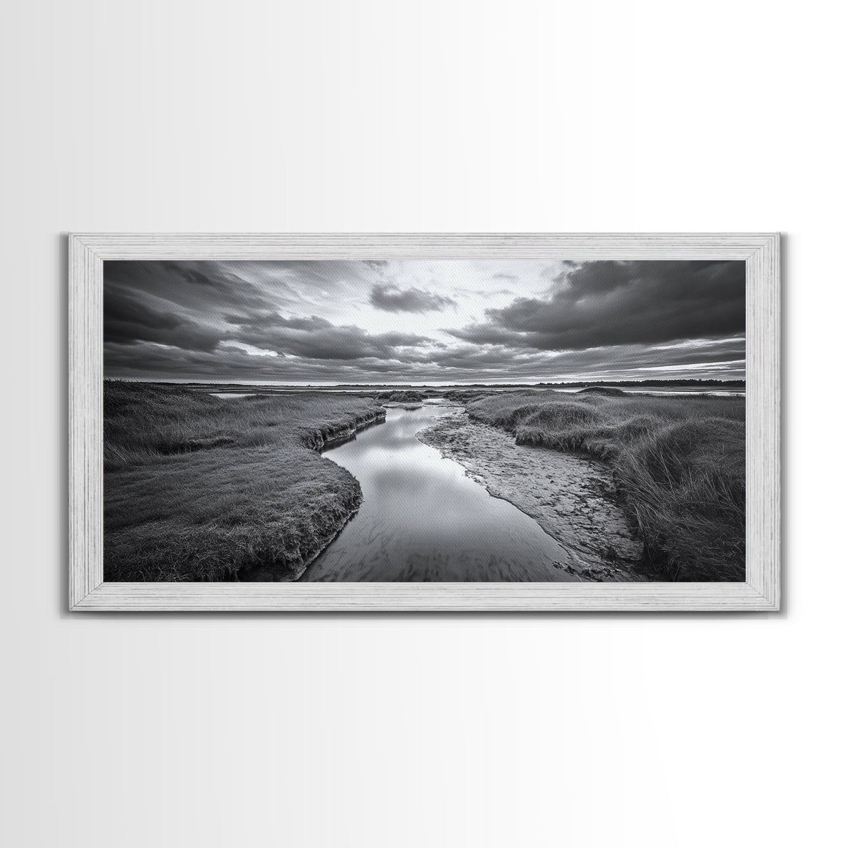 Marshland Serenity, River Flow, Cloudy Mood, Nature Calm, Framed Canvas Print, Coastal Wall Art, Bathroom Tranquil Landscape