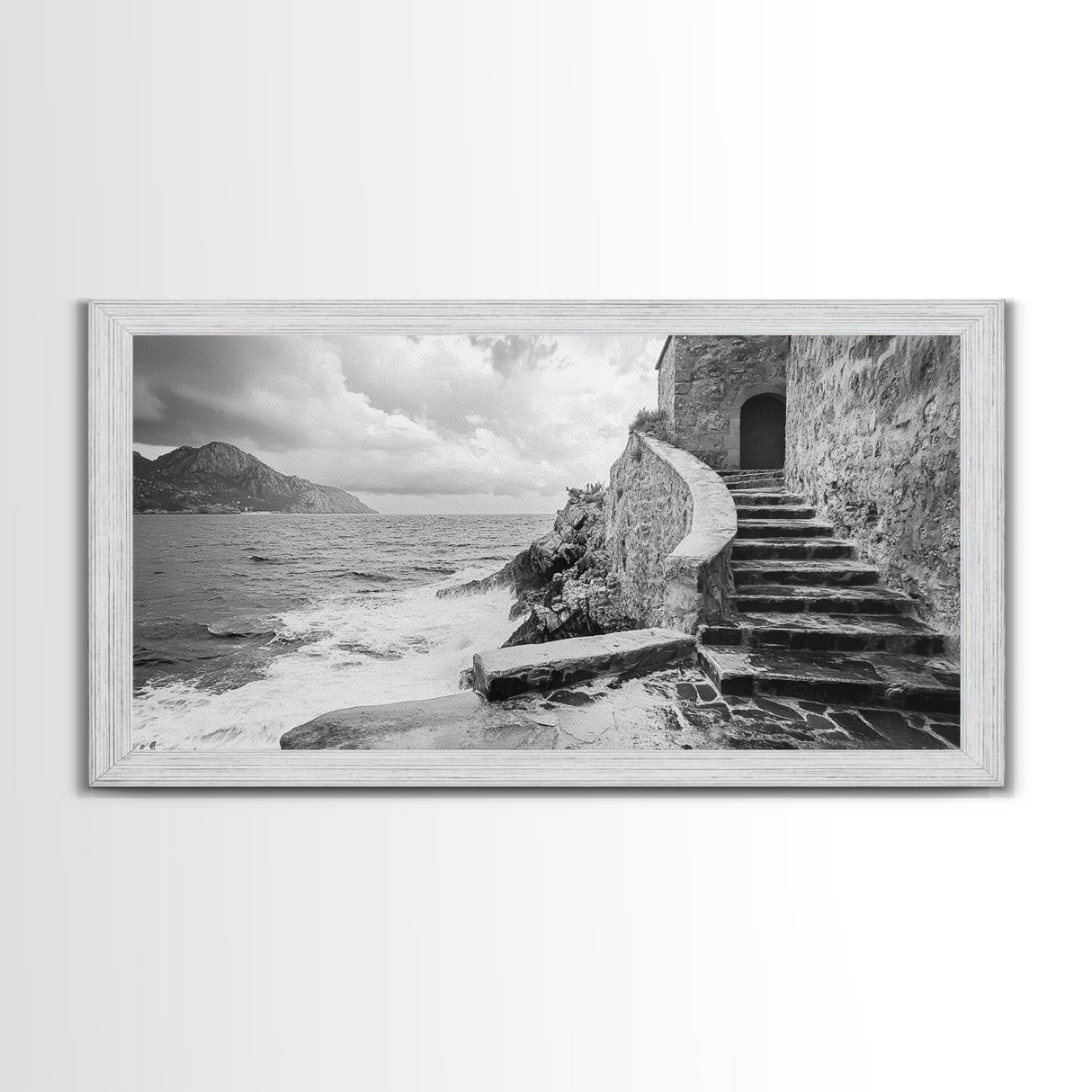 Stone Stairway, Ocean Cliff, Coastal Architecture, Mediterranean Charm, Framed Canvas Print, Rustic Wall Art, Entryway Travel Decor