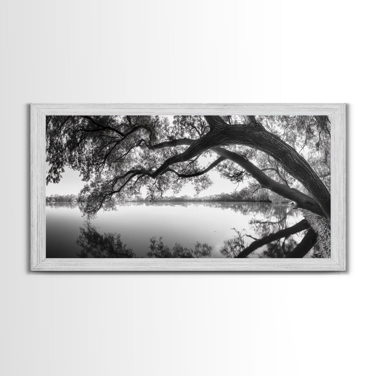 Serene Lake View, Tree Reflections, Calm Nature Landscape, Framed Canvas Print, Minimalist Bedroom or Spa Bathroom Wall Art