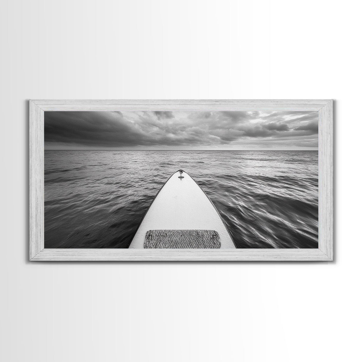 Ocean Horizon Board, Paddleboarding Adventure, Cloudy Sea Landscape, Framed Canvas Print, Modern Coastal Office or Living Room Art