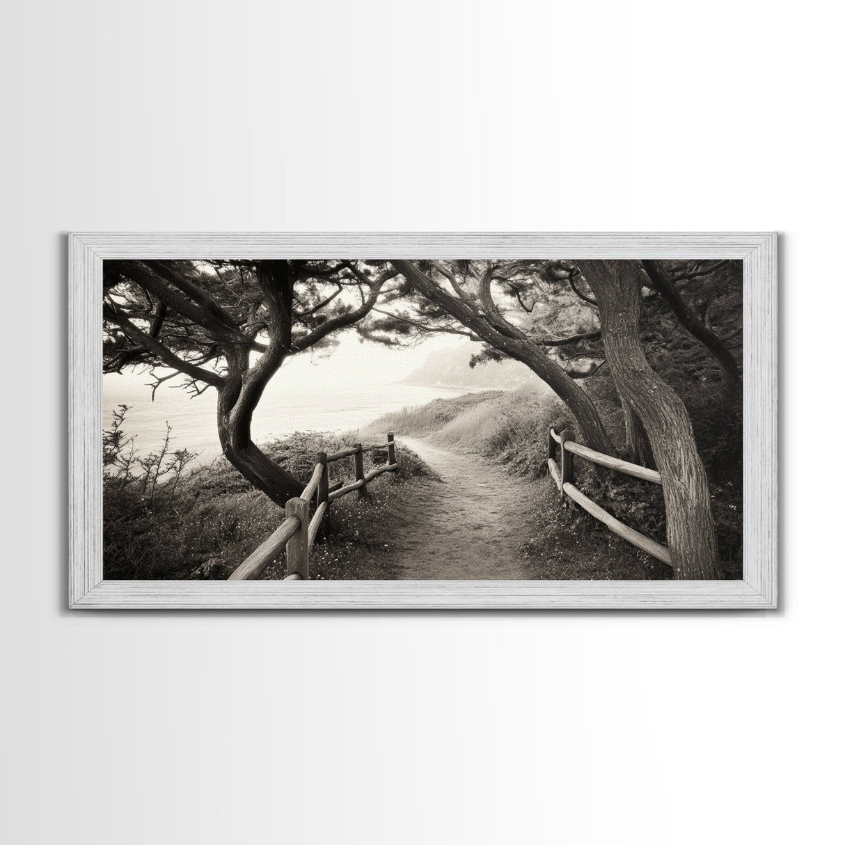 Ocean Cliff Path, Framed Trail Trees, Coastal Escape Scene, Framed Canvas Print, Boho Bedroom or Peaceful Hallway Wall Art, Entryway Accent