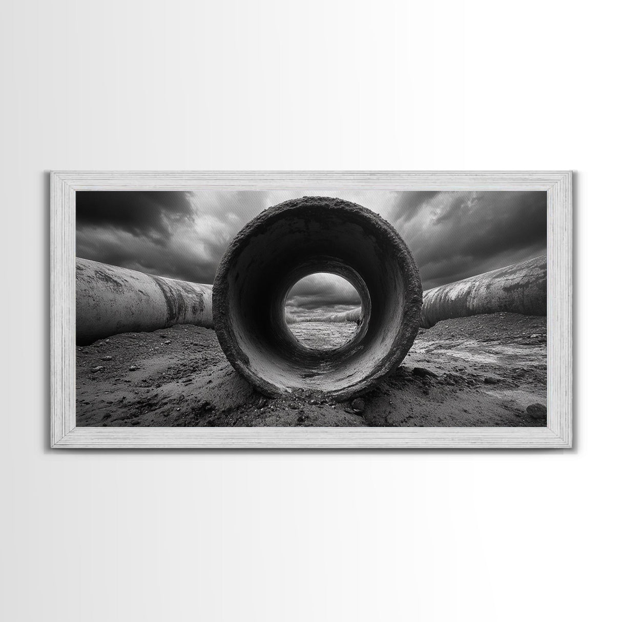 Storm Drain Pipe, Industrial Perspective, Moody Cloudscape, Framed Canvas Print, Urban Loft Decor or Dramatic Modern Wall Art