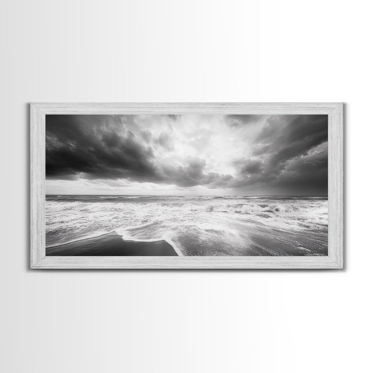 Stormy Sea, Ocean Waves, Monochrome Seascape, Dramatic Beach View, Framed Canvas Print, Nautical Wall Art, Bathroom Coastal Decor