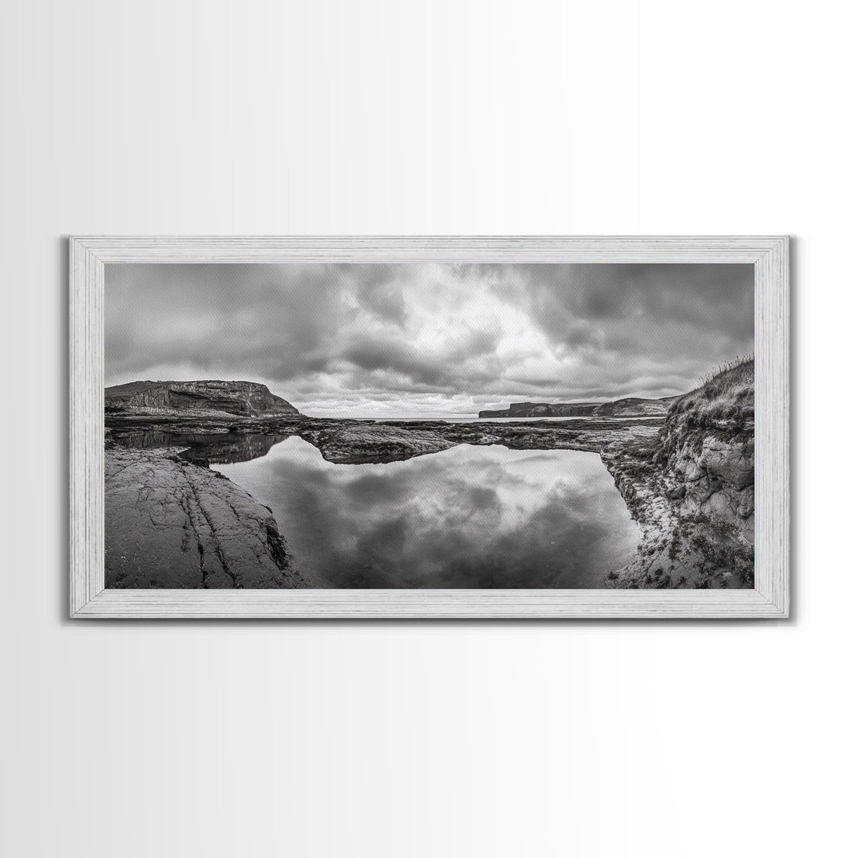 Reflected Cliffs, Stormy Sky, Coastal View, Dramatic Landscape, Canvas Print, minimalist art, office decor, moody black and white wall art