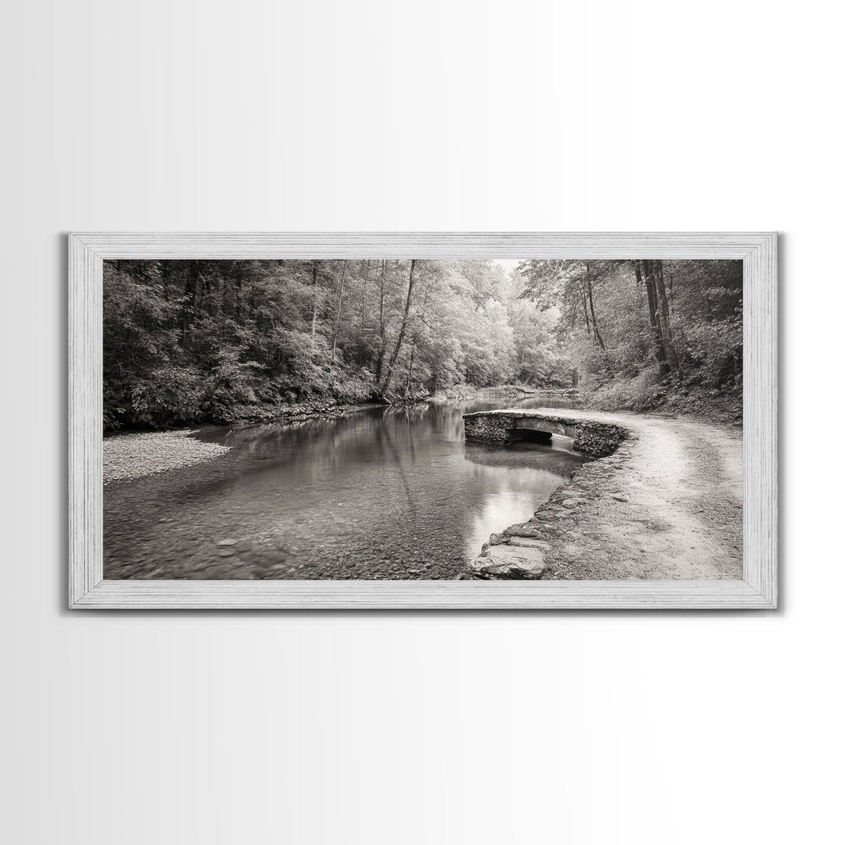 Stone Bridge, Forest Path, Quiet Creek, Peaceful Nature, Canvas Print, tranquil woodland art, Fall entryway piece, rustic landscape
