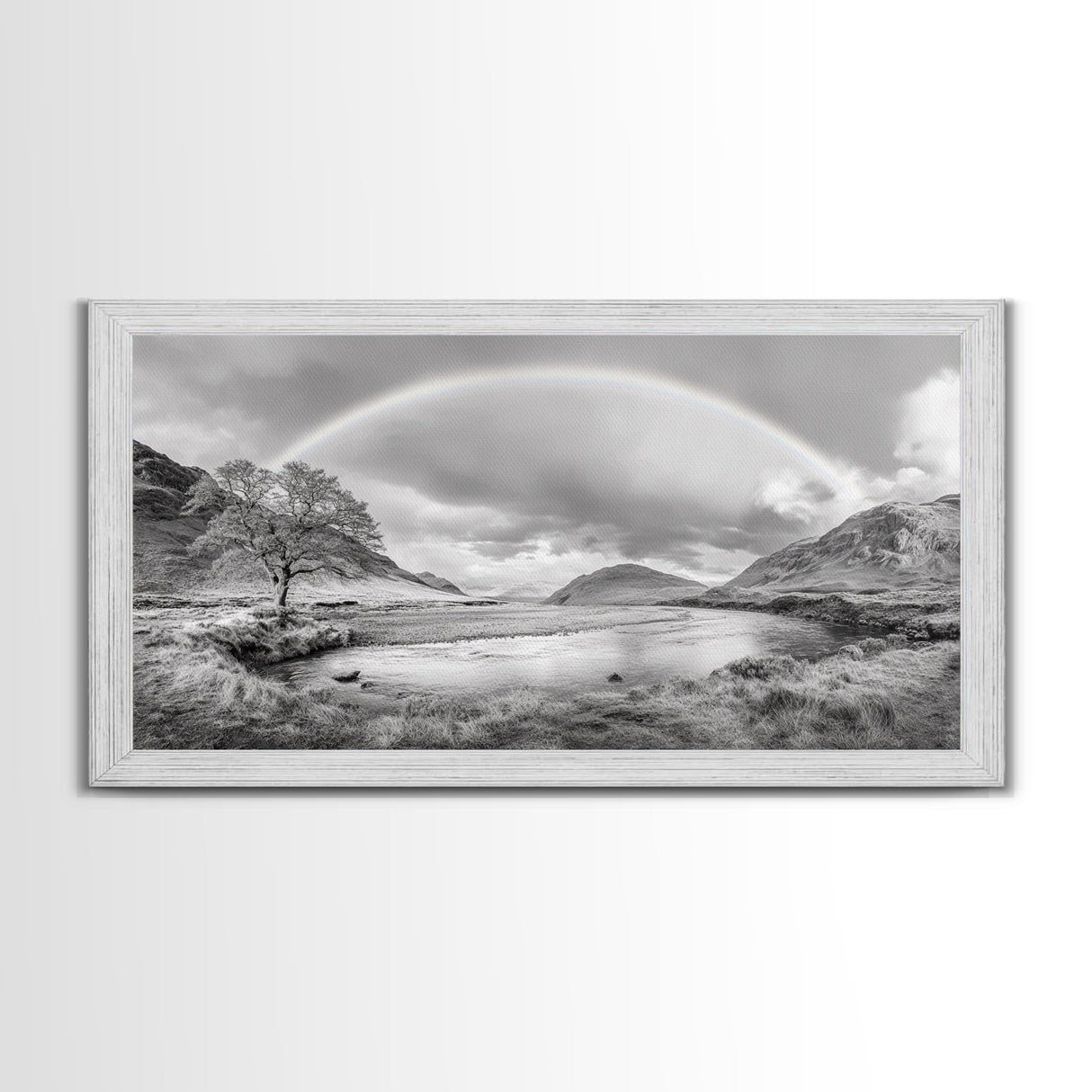 Rainbow, River Valley, Highland Scene, Minimalist Landscape Art, Framed Canvas Print, Entryway Decor, Rustic Nature Print, Calming Wall Art