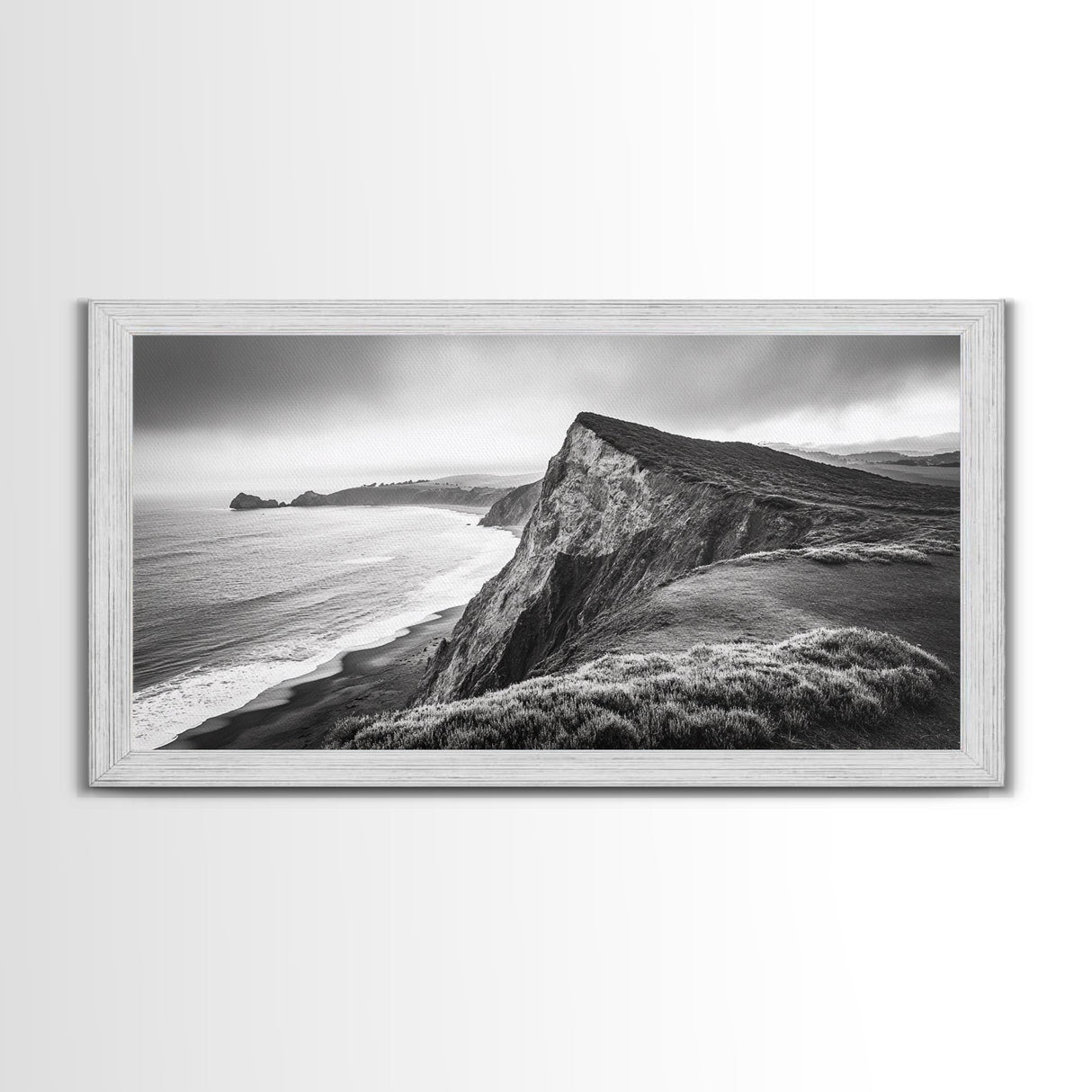 Cliffside Shoreline, Coastal Landscape Art, Ocean Horizon Scene, Canvas Print, Living Room Wall Art, Modern Seaside Minimalist Decor