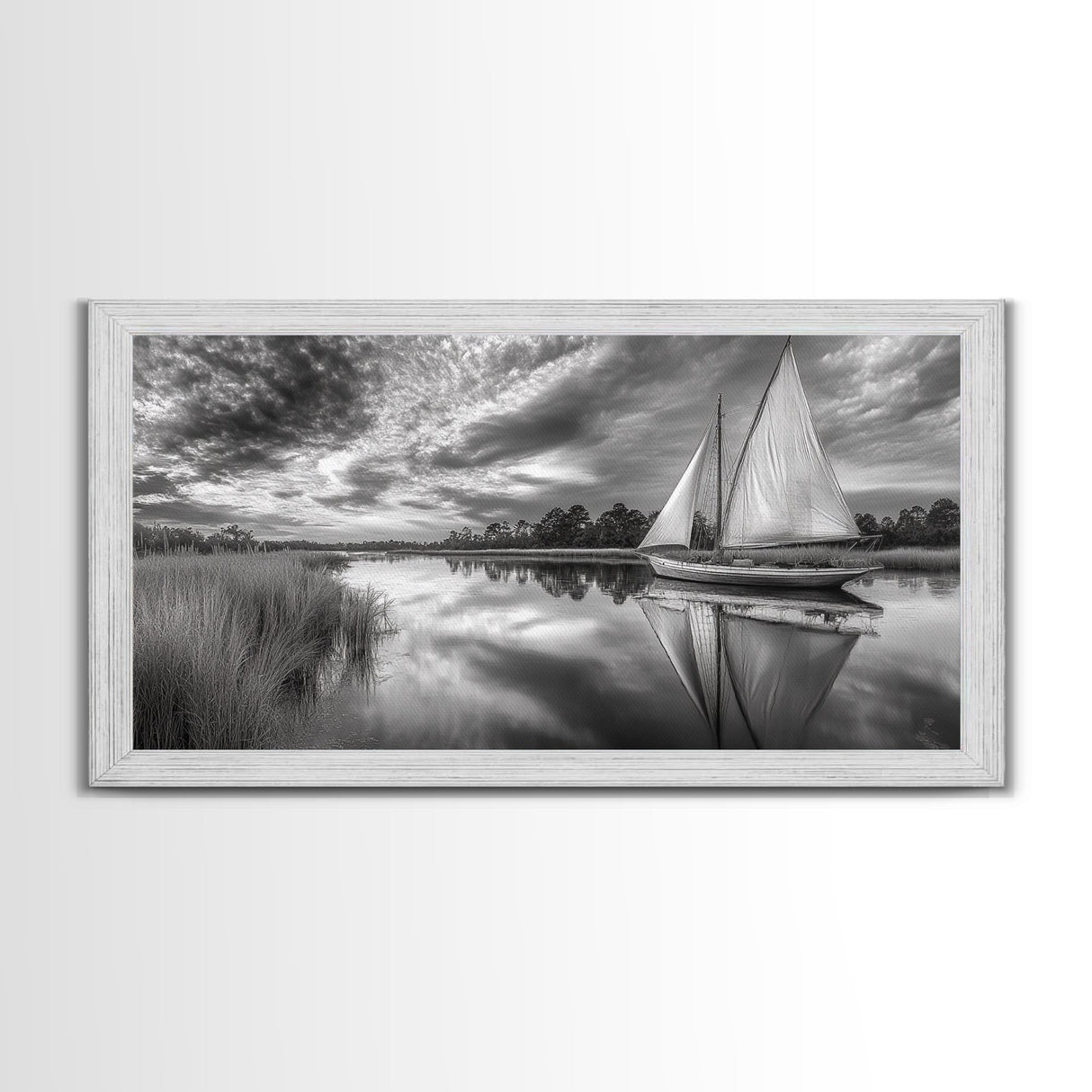 Sailboat Reflection, Tranquil River, Nautical Scene, Black White, Framed Canvas Print, Coastal Decor, Beach House Wall Art, Ocean Minimalism