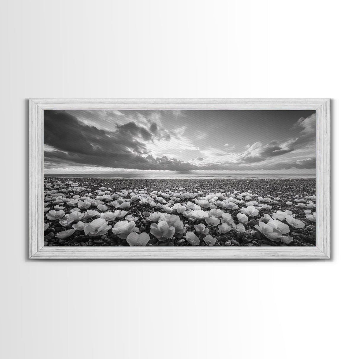 Flower Beach Shore, Coastal Blossoms, Pebble Flower Scene, Nature Bloom Decor, Canvas Print, Living Room Wall Art, Boho Art