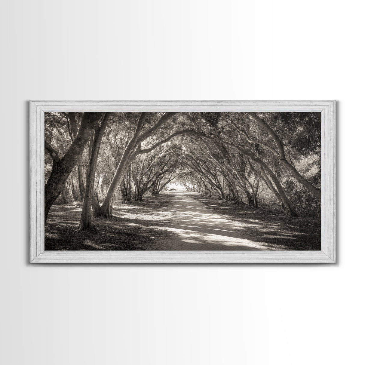 Tree Tunnel Trail, Light Dappled Path, Forest Archway Scene, Framed Canvas Print, Hallway Wall Art, Boho Natural Decor, Living Room Wall Art